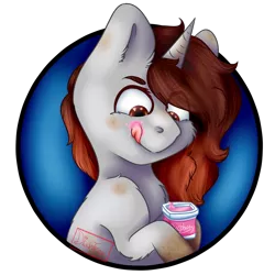 Size: 894x894 | Tagged: safe, artist:diantrex, derpibooru import, oc, oc:shruggy, unofficial characters only, pony, unicorn, simple background, snack time, solo, transparent background, yogurt