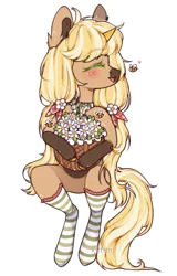 Size: 831x1300 | Tagged: safe, artist:kitten-in-the-jar, derpibooru import, oc, oc:honey cake, unofficial characters only, pony, unicorn, basket, clothes, eyes closed, female, flower, mare, simple background, socks, solo, striped socks, transparent background, white outline