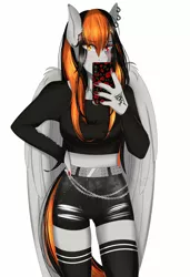 Size: 2802x4096 | Tagged: anthro, anthro oc, artist:cannoncar, clothes, derpibooru import, ear piercing, earring, female, jewelry, mobile phone, oc, oc:cannon car, pegasus, phone, piercing, safe, selfie, simple background, socks, solo, thigh highs, unofficial characters only, white background, wings