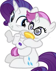 Size: 796x1004 | Tagged: safe, artist:incendiaryboobs, derpibooru import, rarity, oc, pony, unicorn, amputee, female, filly, glasses, magical lesbian spawn, mare, mother and child, mother and daughter, offspring, older, parent:maud pie, parent:rarity, parents:rarimaud, prosthetic leg, prosthetic limb, prosthetics, simple background, transparent background