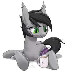 Size: 1133x1208 | Tagged: safe, artist:stoic5, derpibooru import, oc, oc:jasmine, unofficial characters only, bat pony, bat pony oc, bat wings, female, food, lidded eyes, mare, /mlp/, mug, requested art, simple background, solo, tea, white background, wings