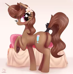 Size: 4153x4218 | Tagged: suggestive, alternate version, artist:nevobaster, derpibooru import, oc, oc:buttercup shake, unofficial characters only, pony, unicorn, bed, blushing, butt, dock, female, flower, flower in hair, looking at you, looking back, mare, plot, raised hoof, smiling, solo, solo female, tail aside, tail wrap