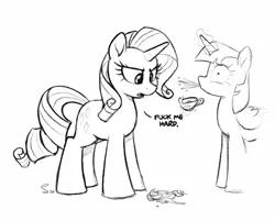 Size: 2048x1648 | Tagged: suggestive, artist:selenophile, derpibooru import, rarity, twilight sparkle, twilight sparkle (alicorn), alicorn, pony, unicorn, black and white, dialogue, explicit source, food, fuck me hard, grayscale, levitation, magic, magic aura, monochrome, my little pony after dark, outtakes, simple background, spit take, tea, telekinesis, vulgar