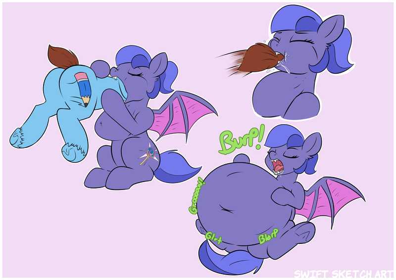 Size: 1754x1240 | Tagged: questionable, artist:swiftsketchpone, derpibooru import, oc, oc:sugar rush, oc:swift sketch, unofficial characters only, bat pony, earth pony, bat pony oc, bat wings, belly, burp, butt, digestion, drool, earth pony oc, fangs, female, male, mare, open mouth, plot, stallion, stomach noise, swallowing, tail sticking out, throat bulge, vore, wings