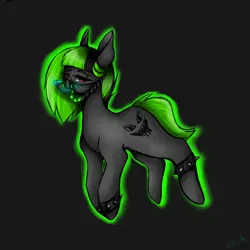 Size: 1500x1500 | Tagged: safe, artist:rise_of_evil_69, derpibooru import, oc, oc:acid, earth pony, pony, bracelet, ears, ears up, eye, eyebrow piercing, eyebrows, eyes, female, gas mask, green mane, jewelry, mare, mask, piercing, red eyes, simple background, smiley face, solo, spikes