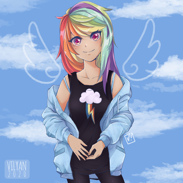 Size: 1061x1061 | Tagged: safe, artist:vilyann, derpibooru import, part of a set, rainbow dash, human, anime, clothes, colored pupils, cute, dashabetes, female, floating wings, hoodie, humanized, looking at you, solo, wings