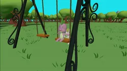 Size: 1024x575 | Tagged: safe, artist:undeadponysoldier, derpibooru import, spike, sweetie belle, dragon, pony, unicorn, cute, diasweetes, female, filly, fun, happy, male, playing, shipping, spikabetes, spikebelle, straight, swing set, swinging