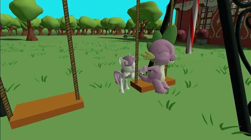 Size: 1024x575 | Tagged: safe, artist:undeadponysoldier, derpibooru import, spike, sweetie belle, dragon, pony, unicorn, cute, diasweetes, female, filly, fun, happy, male, playing, ponyville schoolhouse, shipping, spikabetes, spikebelle, straight, swing set, swinging