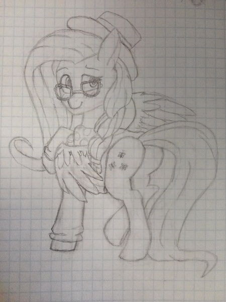 Size: 3120x4160 | Tagged: safe, derpibooru import, fluttershy, pegasus, pony, alternate hairstyle, clothes, female, graph paper, hipstershy, mare, photo, solo, traditional art