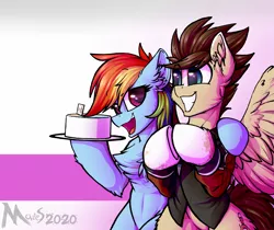 Size: 2750x2305 | Tagged: safe, artist:movieskywalker, derpibooru import, rainbow dash, oc, oc:skittle, pegasus, pony, birthday cake, cake, canon x oc, duo, female, food, looking at each other, male, open mouth, pegasus oc, shipping, simple background, skidash, smiling, straight, wearing human clothes, white background, white hooves, wings