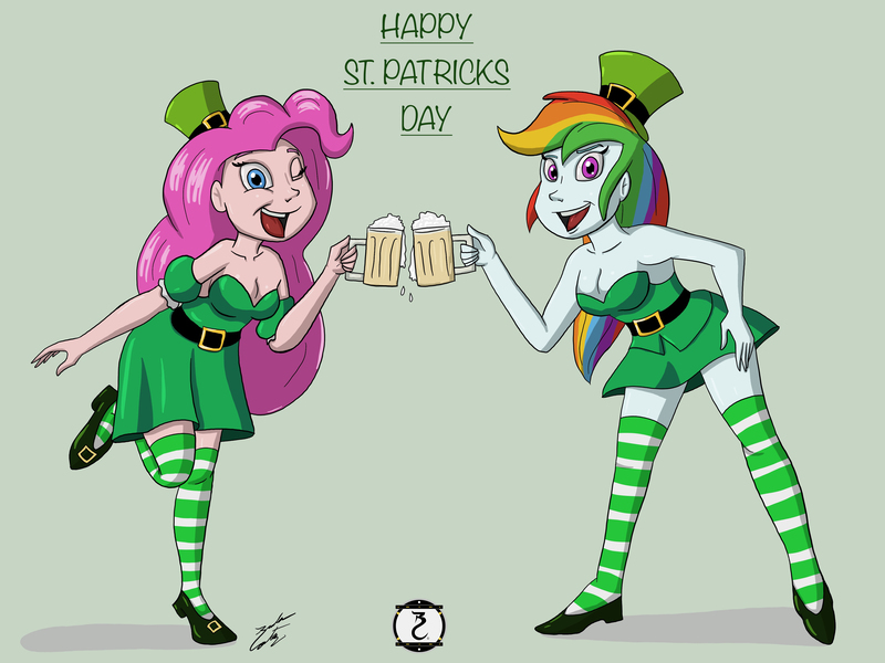 Size: 4000x3000 | Tagged: suggestive, artist:artfreak5, derpibooru import, pinkie pie, rainbow dash, equestria girls, alcohol, beer, breasts, cleavage, clothes, hat, one eye closed, open mouth, socks, st patricks, striped socks