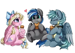 Size: 3550x2509 | Tagged: safe, artist:pridark, derpibooru import, oc, oc:bay breeze, oc:cloud zapper, oc:storm surge, unofficial characters only, pegasus, pony, chewing, eating, female, floating heart, food, heart, male, muffin, trio