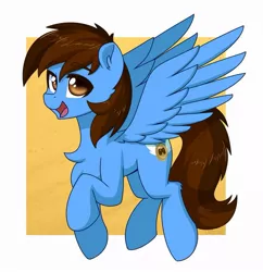 Size: 879x909 | Tagged: safe, artist:puetsua, derpibooru import, oc, oc:pegasusgamer, unofficial characters only, pegasus, chest fluff, flying, happy, looking at you, simple background, wings