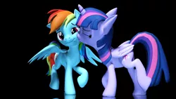 Size: 3840x2160 | Tagged: safe, artist:psfmer, derpibooru import, rainbow dash, twilight sparkle, twilight sparkle (alicorn), alicorn, pegasus, pony, 3d, 4k, black background, eyes closed, female, flustered, kiss on the cheek, kissing, lesbian, reflection, shipping, simple background, source filmmaker, twidash, wings