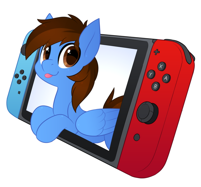 Size: 3500x3251 | Tagged: safe, artist:scarlet-spectrum, derpibooru import, oc, oc:pegasusgamer, unofficial characters only, pegasus, pony, bust, happy, looking at you, nintendo, nintendo switch, simple background, solo, tongue out, transparent background, video game, wings