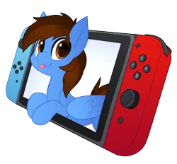 Size: 3500x3251 | Tagged: safe, artist:scarlet-spectrum, derpibooru import, oc, oc:pegasusgamer, unofficial characters only, pegasus, pony, bust, happy, looking at you, nintendo, nintendo switch, simple background, solo, tongue out, transparent background, video game, wings