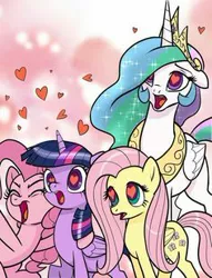 Size: 236x309 | Tagged: safe, artist:pencils, derpibooru import, edit, fluttershy, pinkie pie, princess celestia, twilight sparkle, twilight sparkle (alicorn), alicorn, earth pony, pegasus, pony, crown, cute, eyes closed, female, floppy ears, folded wings, heart, heart eyes, jewelry, lidded eyes, looking at someone, looking at something, open mouth, regalia, shyabetes, wingding eyes, wings
