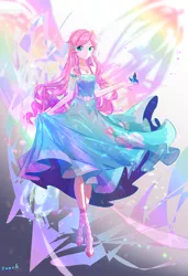 Size: 3541x5177 | Tagged: safe, artist:bronyazaych, derpibooru import, fluttershy, butterfly, human, equestria girls, equestria girls series, absurd resolution, clothes, colored pupils, cute, dress, female, geode of fauna, heart, human coloration, humanized, magical geodes, sandals, shyabetes, solo