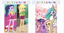 Size: 750x385 | Tagged: safe, derpibooru import, applejack, fluttershy, pinkie pie, princess celestia, twilight sparkle, twilight sparkle (alicorn), alicorn, derpibooru, equestria girls, equestria girls series, i'm on a yacht, turf war, spoiler:eqg series (season 2), barefoot, belly button, feet, heart eyes, juxtaposition, lifeguard, meta, midriff, wingding eyes