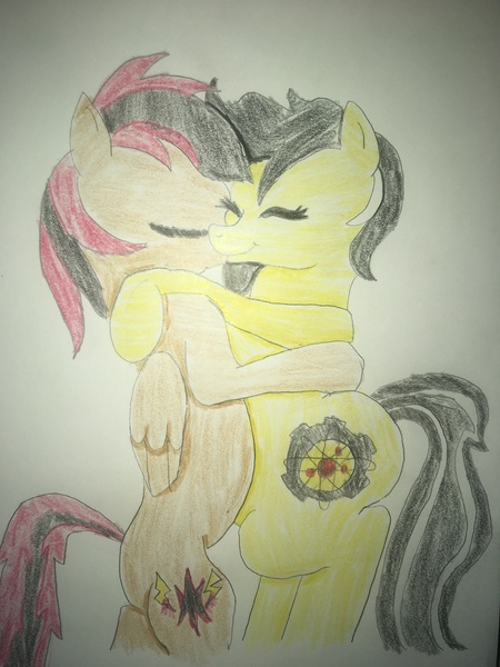 Size: 1536x2048 | Tagged: safe, artist:carlos324, derpibooru import, oc, oc:carlos, oc:lost storyteller, oc:zedwin, unofficial characters only, earth pony, pegasus, dark version, earth pony oc, hugs?, kissing, pegasus oc, romance, traditional art, wings