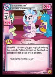 Size: 299x420 | Tagged: safe, derpibooru import, gallus, sandbar, silverstream, classical hippogriff, earth pony, gryphon, hippogriff, pony, book, card, ccg, eyes closed, female, grin, looking at something, male, pencil, smiling, teenager, trading card