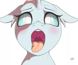 Size: 4000x3334 | Tagged: suggestive, artist:azerta56, derpibooru import, ocellus, changedling, changeling, esophagus, fangs, female, gentle pred, gullet, looking at you, maw, mawshot, open mouth, oral invitation, salivating, shy, simple background, slimy, solo, solo female, taste buds, tongue out, uvula, white background