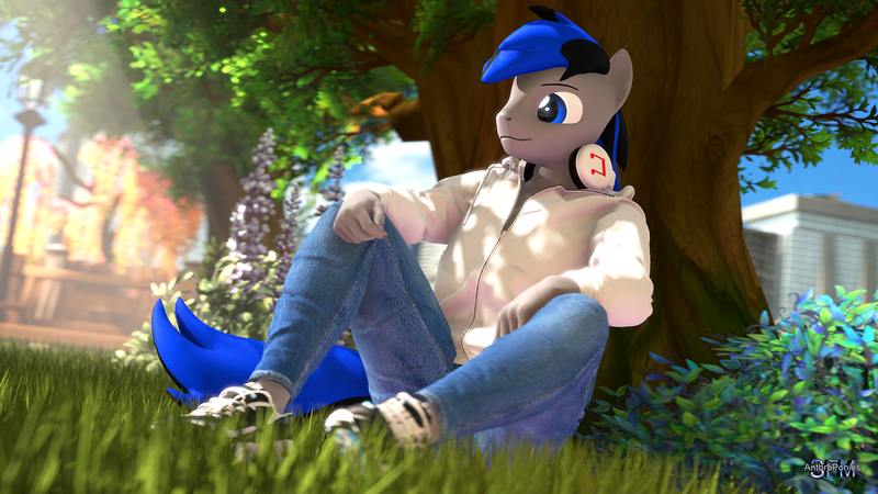 Size: 1920x1080 | Tagged: 3d, anthro, anthro oc, artist:anthroponiessfm, clothes, cute, derpibooru import, headphones, hoodie, jeans, male, oc, oc:ezio, pants, plantigrade anthro, safe, shoes, source filmmaker, tree, unofficial characters only