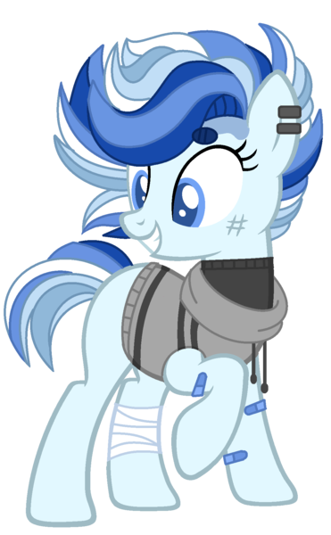 Size: 1165x1885 | Tagged: safe, artist:celestial-rue0w0, artist:pegasski, derpibooru import, oc, oc:north point, unofficial characters only, earth pony, pony, bandage, bandaid, base used, blank flank, clothes, commission, ear piercing, earring, female, grin, hoodie, jewelry, magical gay spawn, mare, multicolored hair, offspring, parent:double diamond, parent:party favor, parents:partydiamond, piercing, raised hoof, scratches, simple background, sleeveless, sleeveless sweater, smiling, solo, sweater, transparent background