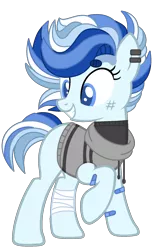 Size: 1165x1885 | Tagged: safe, artist:celestial-rue0w0, artist:pegasski, derpibooru import, oc, oc:north point, unofficial characters only, earth pony, pony, bandage, bandaid, base used, blank flank, clothes, commission, ear piercing, earring, female, grin, hoodie, jewelry, magical gay spawn, mare, multicolored hair, offspring, parent:double diamond, parent:party favor, parents:partydiamond, piercing, raised hoof, scratches, simple background, sleeveless, sleeveless sweater, smiling, solo, sweater, transparent background