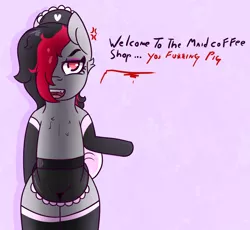 Size: 1088x1000 | Tagged: angry, artist:lazerblues, bipedal, clothes, derpibooru import, dialogue, gloves, looking at you, maid, oc, oc:miss eri, pink background, safe, simple background, solo, transparent skirt, unofficial characters only, vulgar