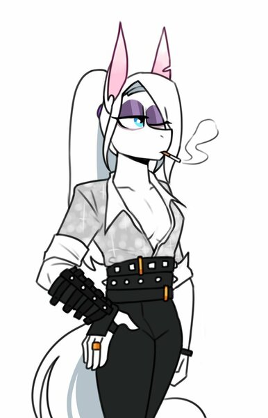 Size: 681x1058 | Tagged: safe, artist:redxbacon, derpibooru import, oc, oc:rubber bunny, anthro, belt, cigarette, clothes, female, gloves, image, jpeg, smoking