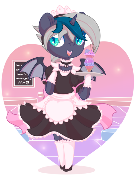 Size: 1369x1839 | Tagged: safe, artist:musicfirewind, derpibooru import, oc, oc:elizabat stormfeather, unofficial characters only, alicorn, bat pony, bat pony alicorn, pony, alicorn oc, bat pony oc, bat wings, choker, clothes, commission, cute, dress, female, flats, food, glass, gloves, heart, horn, ice cream, maid, maid headdress, mare, ocbetes, open mouth, shoes, simple background, skirt, socks, solo, stockings, thigh highs, transparent background, tray, wings, ych result