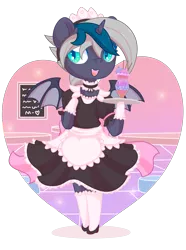 Size: 1369x1839 | Tagged: safe, artist:musicfirewind, derpibooru import, oc, oc:elizabat stormfeather, unofficial characters only, alicorn, bat pony, bat pony alicorn, pony, alicorn oc, bat pony oc, bat wings, choker, clothes, commission, cute, dress, female, flats, food, glass, gloves, heart, horn, ice cream, maid, maid headdress, mare, ocbetes, open mouth, shoes, simple background, skirt, socks, solo, stockings, thigh highs, transparent background, tray, wings, ych result