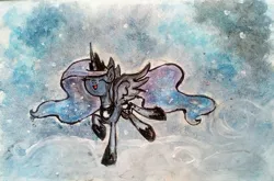 Size: 1965x1299 | Tagged: safe, artist:mysteriousshine, derpibooru import, princess luna, alicorn, pony, abstract background, ethereal mane, eyes closed, female, galaxy mane, hoof shoes, mare, peytral, raised hoof, smiling, solo, traditional art