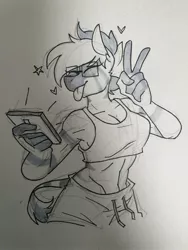 Size: 1536x2048 | Tagged: safe, artist:redxbacon, derpibooru import, oc, oc:zeyna, unofficial characters only, anthro, zebra, clothes, female, glasses, midriff, peace sign, phone, shorts, solo, sports bra, sports shorts, tongue out, traditional art