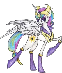 Size: 604x710 | Tagged: safe, artist:mysteriousshine, derpibooru import, idw, princess celestia, alicorn, pony, clothes, evil celestia, female, frown, mare, peytral, raised hoof, simple background, socks, solo, traditional art, transparent background