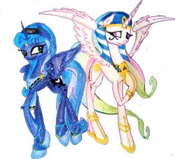 Size: 632x573 | Tagged: safe, artist:mysteriousshine, derpibooru import, idw, princess celestia, princess luna, alicorn, pony, reflections, spoiler:comic, alternate hairstyle, artemis luna, duo, egyptian, egyptian pony, female, hoof shoes, makeup, mare, peytral, ra celestia, raised hoof, siblings, simple background, spread wings, traditional art, transparent background, wings