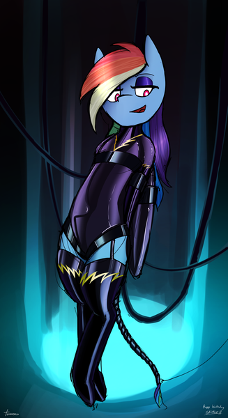 Size: 2458x4505 | Tagged: artist:tenenbris, bondage, bound wings, clothes, costume, derpibooru import, eyeshadow, female, latex, latex suit, makeup, open mouth, pegasus, questionable, rainbow dash, semi-anthro, shadowbolts, shadowbolts costume, socks, stockings, suspended, tail wrap, thigh highs, wings