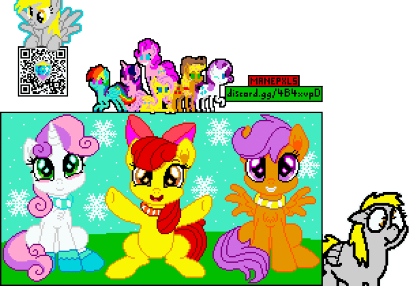 Size: 1197x835 | Tagged: safe, artist:parallel black, artist:pokehidden, artist:theretroart88, derpibooru import, editor:cocoa bittersweet, apple bloom, applejack, derpy hooves, fluttershy, pinkie pie, rainbow dash, rarity, scootaloo, sweetie belle, twilight sparkle, twilight sparkle (alicorn), alicorn, earth pony, pegasus, pony, unicorn, apple bloom's bow, boots, bow, chest fluff, clothes, cutie mark crusaders, female, filly, hair bow, looking at you, mane six, manepxls, mare, pixel art, pxls.space, qr code, scarf, shoes, simple background, smiling, snow, snowfall, snowflake, transparent background