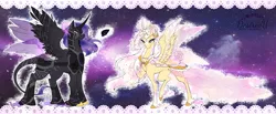 Size: 2900x1200 | Tagged: alicorn, alicorn oc, armor, artist:kk_furryworks, braid, clothes, derpibooru import, dress, duo, ethereal mane, ethereal wings, female, hoof fluff, horn, male, mare, oc, raised hoof, safe, stallion, starry mane, unofficial characters only, wings