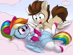 Size: 2139x1637 | Tagged: suggestive, artist:pabbley, derpibooru import, rainbow dash, oc, oc:skittle, pegasus, :p, blushing, blushing profusely, bow, canon x oc, choker, clothes, cloud, cute, dashabetes, female, floppy ears, gift wrapped, heart eyes, male, open mouth, ponytail, rainbow dash always dresses in style, shipping, skidash, sky, socks, spread legs, spreading, straight, thigh highs, this will end in cuddles, tongue out, wide eyes, wingding eyes