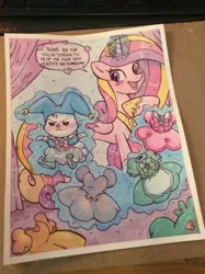 Size: 600x804 | Tagged: safe, artist:marybellamy, derpibooru import, angel bunny, princess cadance, alicorn, pony, rabbit, animal, clothes, dress, female, glowing horn, hat, horn, magic, male, mare, smiling, telekinesis, this will end in pain, traditional art, watercolor painting, zorilita