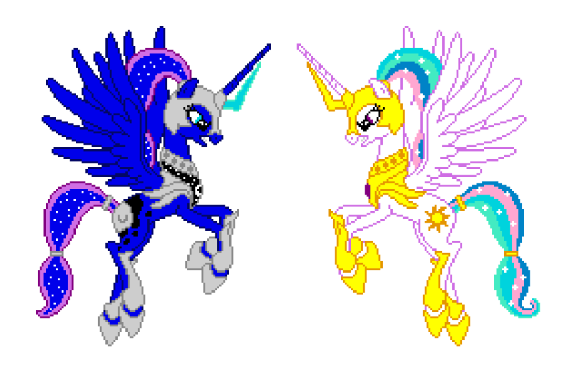 Size: 1144x740 | Tagged: safe, artist:larsurus, derpibooru import, editor:cocoa bittersweet, princess celestia, princess luna, alicorn, pony, angry, armor, cutie mark, ethereal mane, fantasy class, female, flying, horn, manepxls, mare, pixel art, pxls.space, simple background, starry mane, stars, transparent background, warrior, warrior celestia, warrior luna, wings