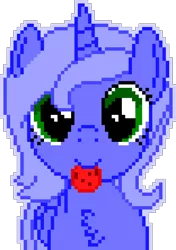 Size: 1040x1480 | Tagged: safe, artist:arifproject, derpibooru import, editor:cocoa bittersweet, princess luna, alicorn, pony, chest fluff, cookie, cute, female, filly, food, horn, looking at you, manepxls, mare, mouth hold, pixel art, pxls.space, s1 luna, simple background, smiling, solo, transparent background, woona, younger