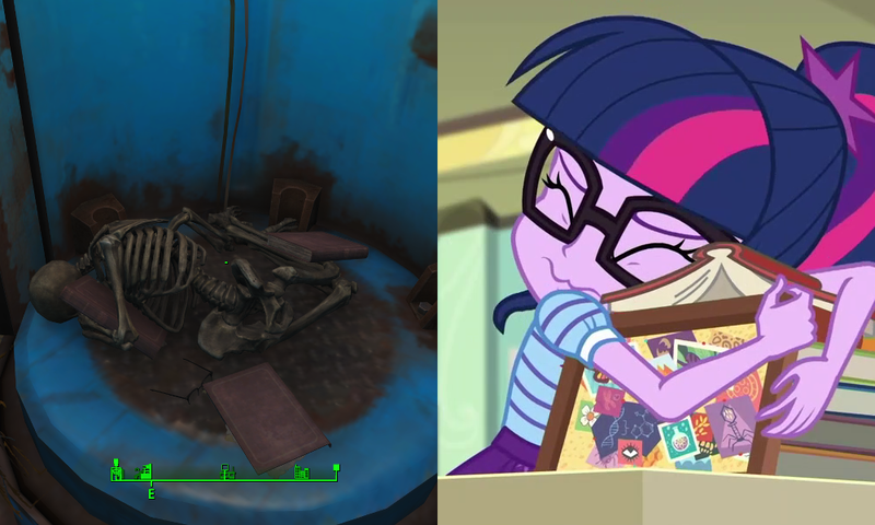 Size: 1000x600 | Tagged: safe, derpibooru import, edit, screencap, sci-twi, twilight sparkle, equestria girls, equestria girls series, the last day of school, adorkable, bone, book, bookhorse, cropped, cute, dark comedy, dork, eyes closed, fallout, fallout 4, female, glasses, hug, skeleton, that pony sure does love books, twiabetes, wavy mouth, x{