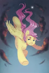 Size: 1280x1909 | Tagged: artist:hollybright, cloud, derpibooru import, diving, dusk, fluttershy, flying, moon, safe, signature, sky, smiling, solo, spread wings, stars, windswept mane, wings