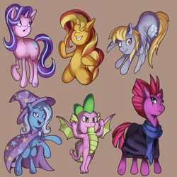 Size: 6400x6400 | Tagged: safe, artist:kenisu-of-dragons, derpibooru import, derpy hooves, fizzlepop berrytwist, spike, starlight glimmer, sunset shimmer, tempest shadow, trixie, dragon, pegasus, pony, unicorn, the ending of the end, cape, clothes, derp, eyes closed, flexing, hat, line-up, pose, rearing, scarf, simple background, trixie's cape, trixie's hat, winged spike