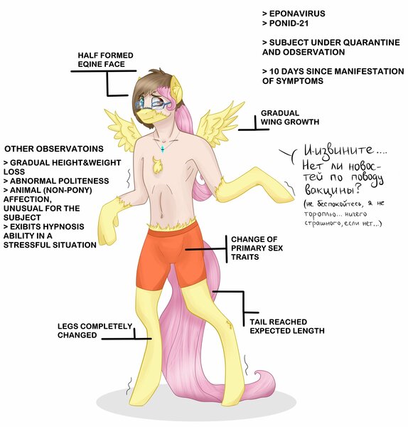 Size: 2548x2662 | Tagged: amulet, artist:arby_lakeripple, bipedal, chest fluff, clothes, cyrillic, derpibooru import, eponavirus, fluttershy, glasses, handwriting, human to pony, implied coronavirus, infographic, jewelry, long tail, male to female, oc, oc:arby lakeripple, partial transformation, pegasus, ponid-21, rule 63, russian, shorts, solo, suggestive, transformation, transgender transformation, trousers