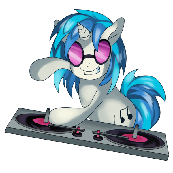 Size: 3600x3600 | Tagged: safe, artist:kenisu-of-dragons, derpibooru import, vinyl scratch, pony, unicorn, bipedal, female, grin, mare, simple background, smiling, solo, sunglasses, transparent background, turntable