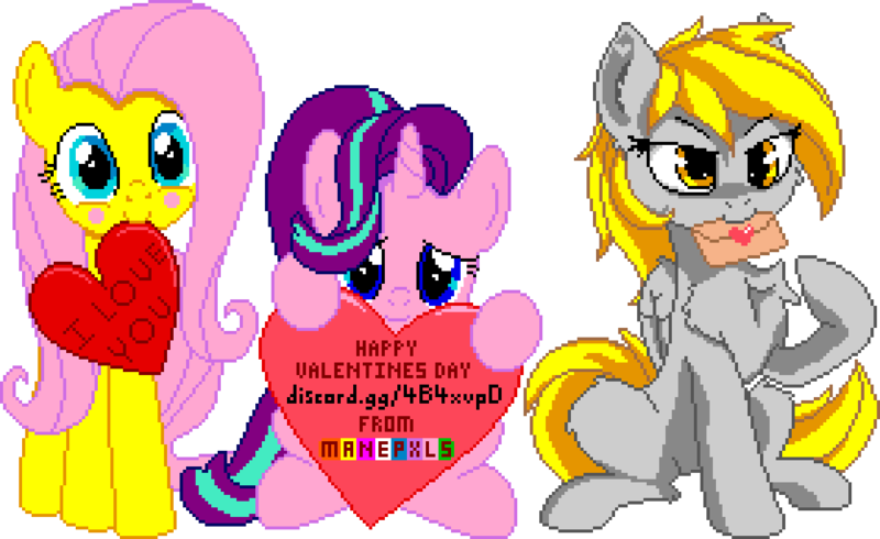 Size: 1116x684 | Tagged: safe, artist:anti1mozg, artist:comfydove, derpibooru import, editor:cocoa bittersweet, derpy hooves, fluttershy, starlight glimmer, pegasus, pony, unicorn, blushing, cheek fluff, chest fluff, cute, ear fluff, envelope, female, heart, hearts and hooves day, holding, holiday, leg fluff, letter, looking at you, love letter, manepxls, mare, mouth hold, pixel art, pxls.space, shyabetes, simple background, sitting, smiling, text, transparent background, valentine's day